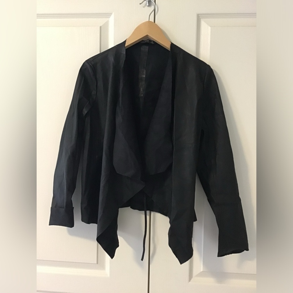 Zara Black faux Leather waterfall front Jacket, S